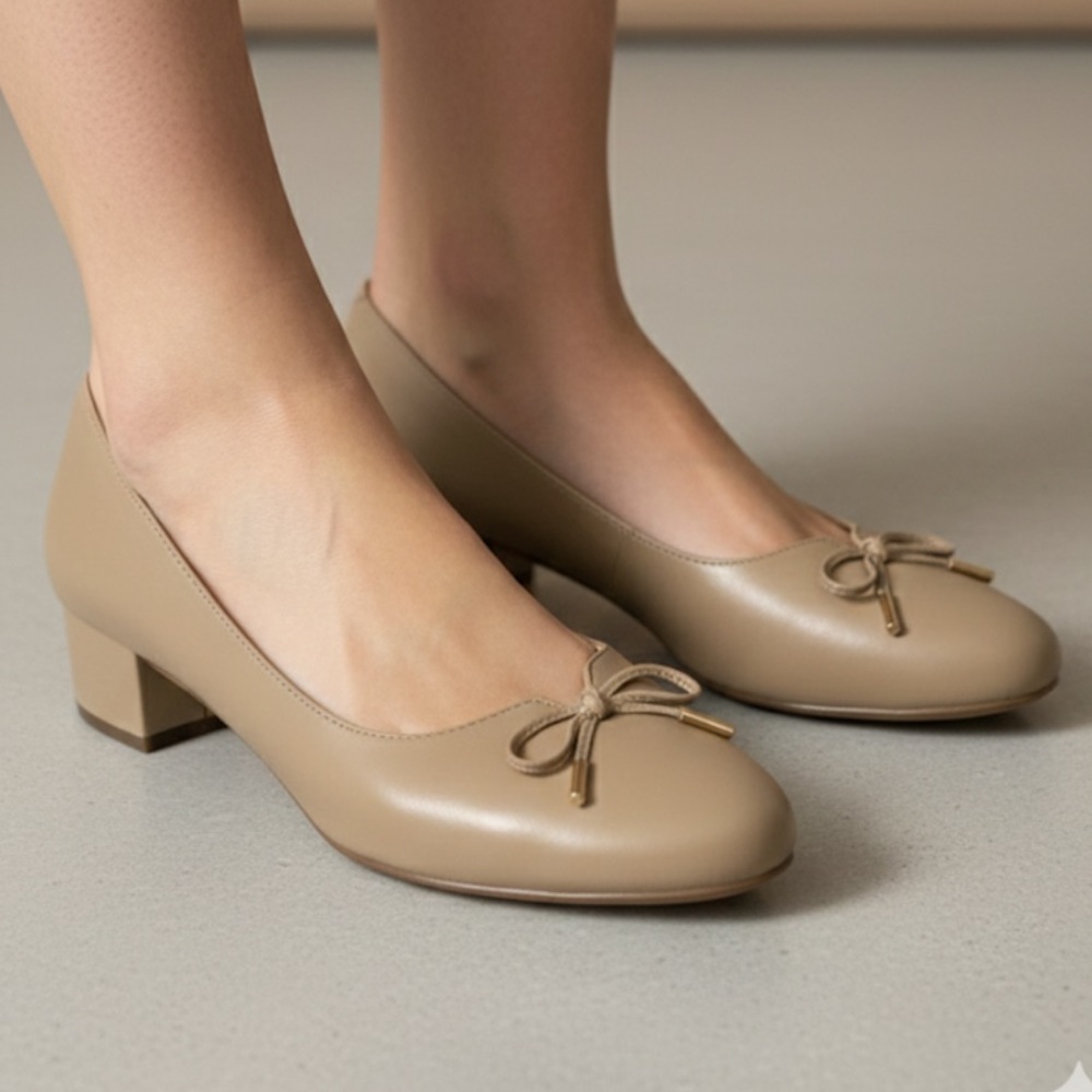 Wirth Heeled Ballet Flats Tan Leather Bow Details Size 8